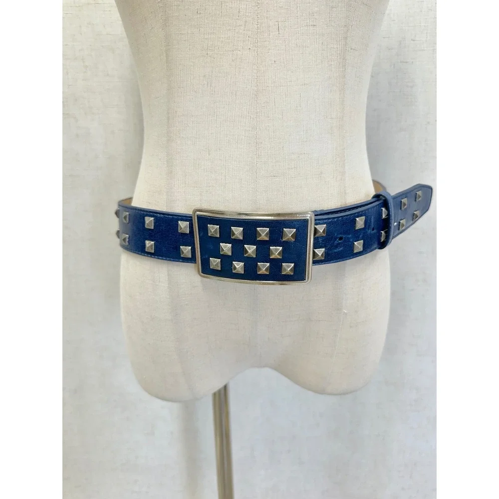 Pyramid Studded Leather Belt Womens‎ Small Navy Blue Silver Pyramid Punk Rock